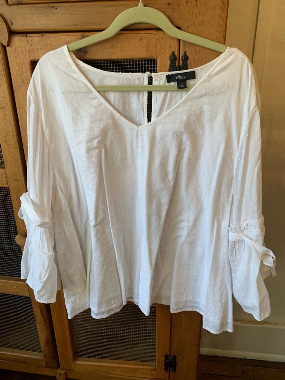Ellos White V-Neck Swiss Dot Tie-Sleeve Blouse